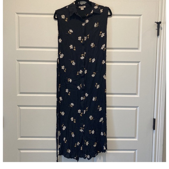 Navy Blue Floral Billabong Dress Waist Tie Sleeveless Button Up Size Large - Picture 3 of 4